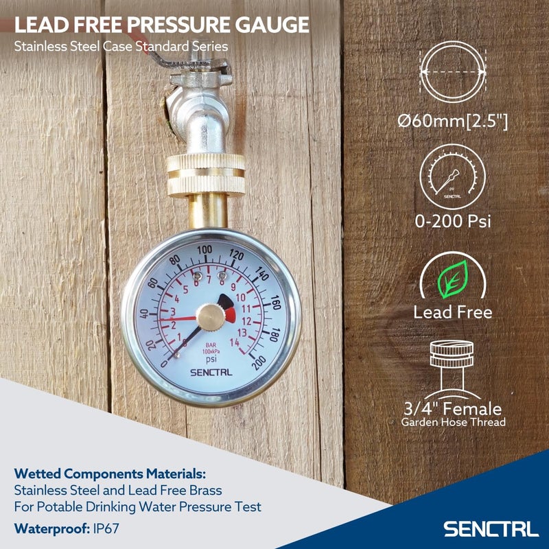 senctrl 0-200 Psi Water Pressure Gauge Test with Lazy Hand, Lead-Free, Waterproof, 2.5" Dial Size, 3/4" Female Garden Hose Thread, Stainless Steel Case, for Home Potable Water, House Tube - Image 2
